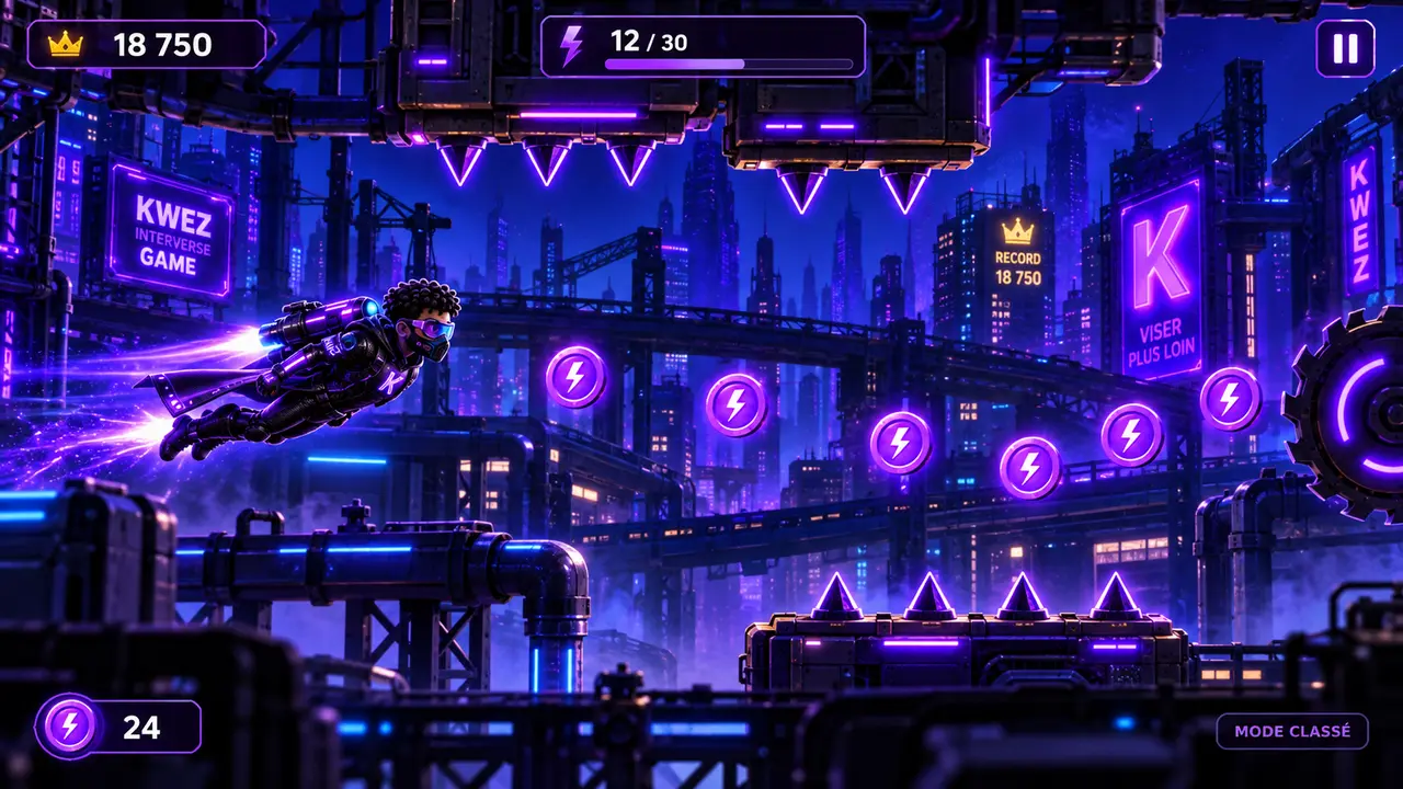 K-Kwez en vol dans la ville industrielle futuriste Interverse